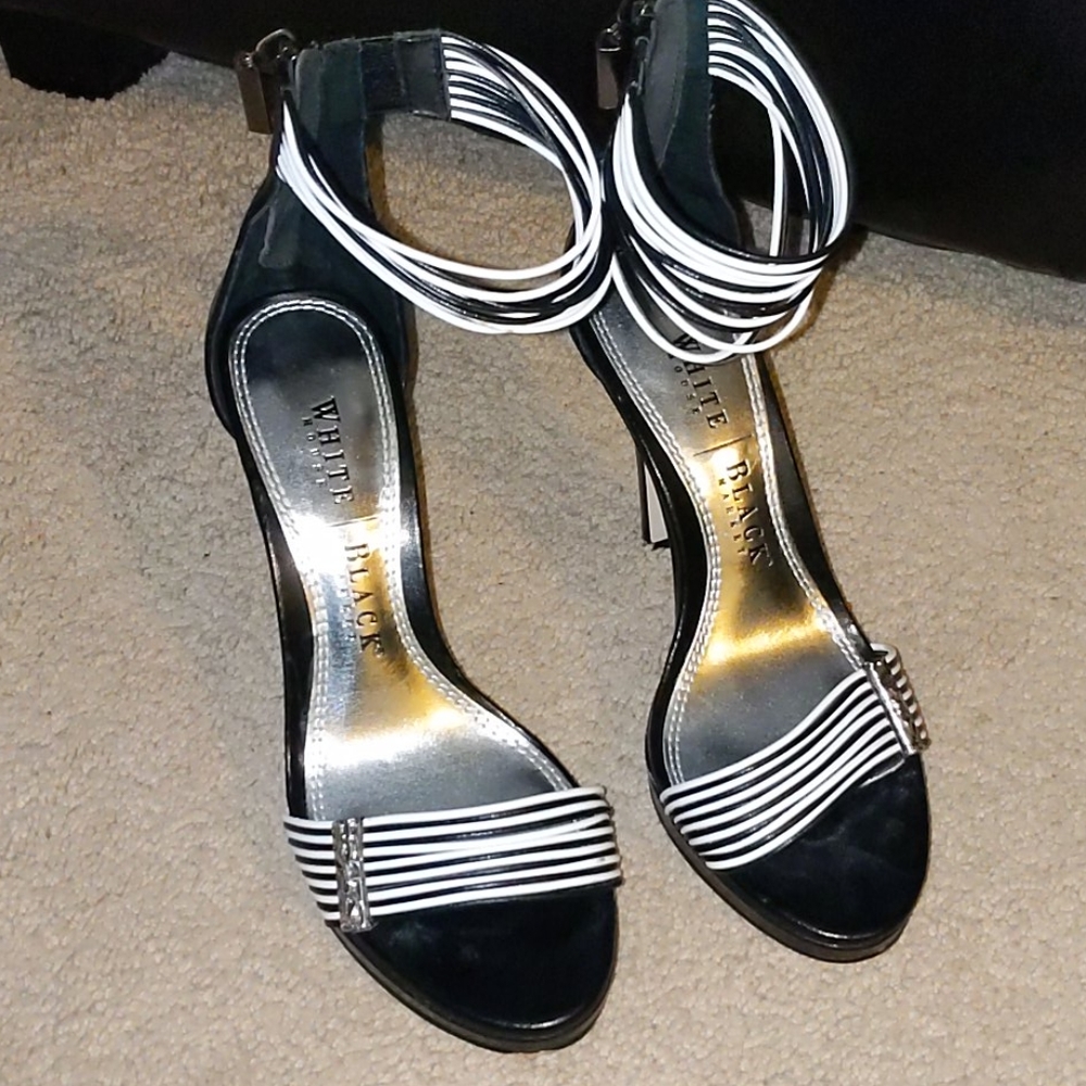 White House Black Market Black and White Strappy Ankle-Heel Sandals
